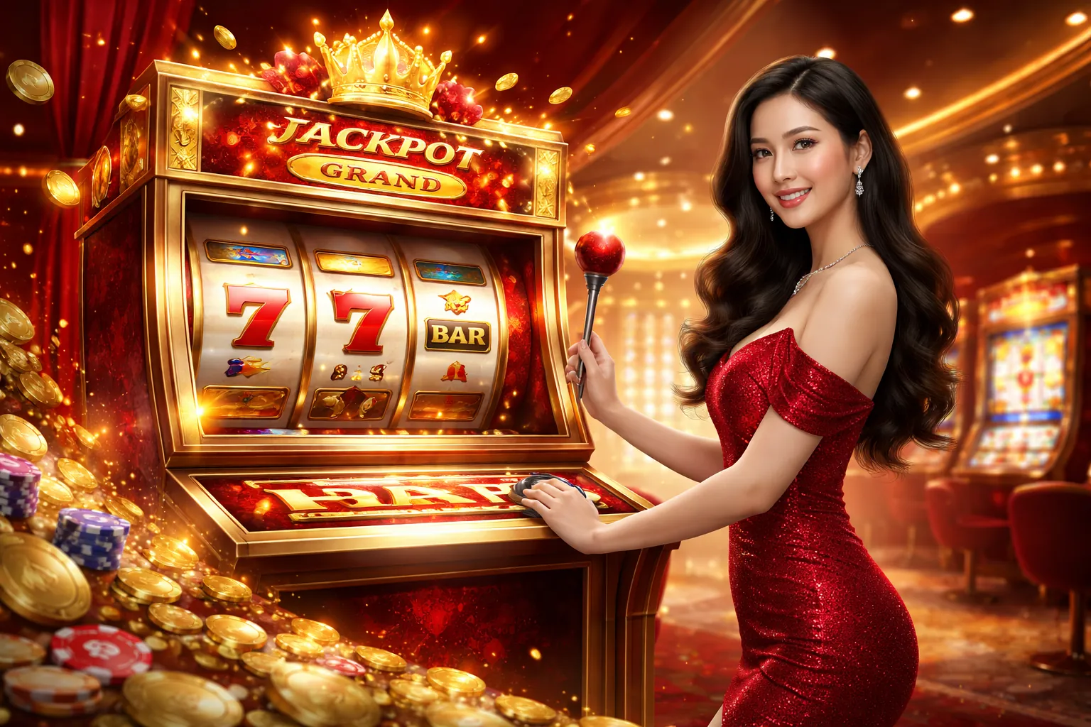 Hình ảnh chủ đề nổ hũ rực rỡ với các biểu tượng máy slot, tiền vàng và hiệu ứng ánh sáng tại 98win nhà cái